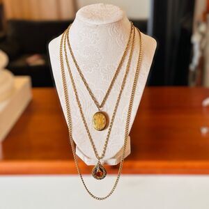 Goldette Rare 50s VTG Locket Teardrop Amethyst Glass Necklace Multi Gold Tone